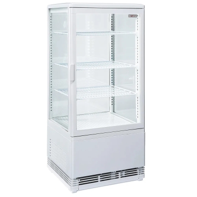 Vitrine de table ventilée 4 niveaux, 4 faces vitrées, 80 litres – BLANCHE